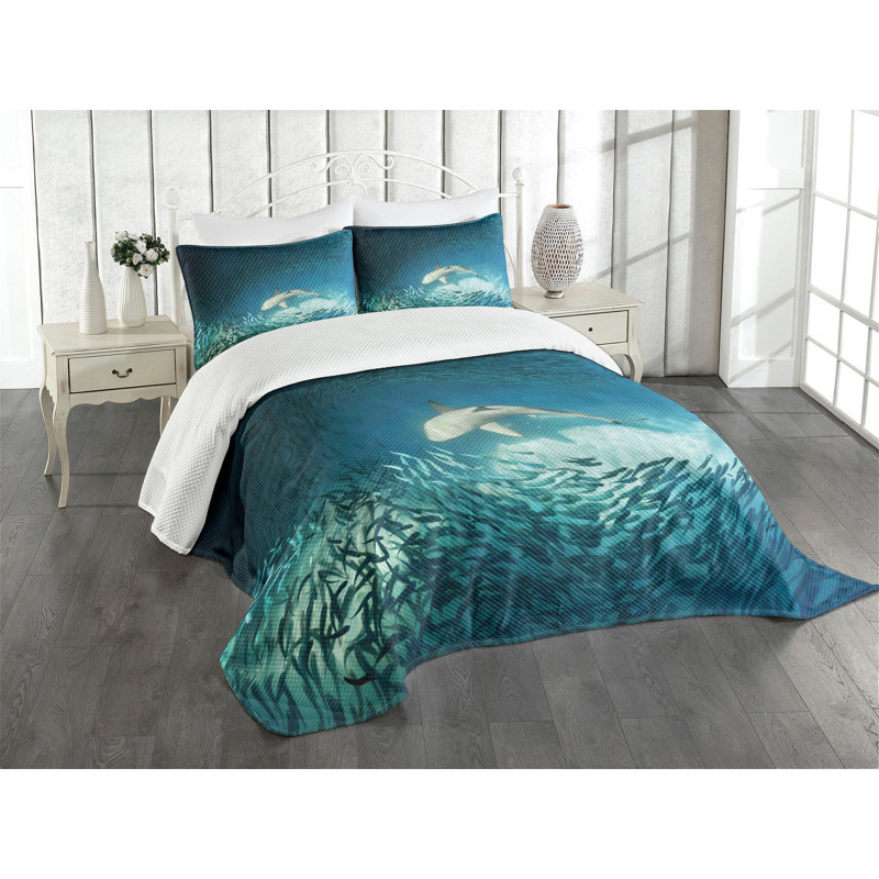 Ambesonne Fish Bedspread Animals Teal, King Bedspread + 2 Standard Shams