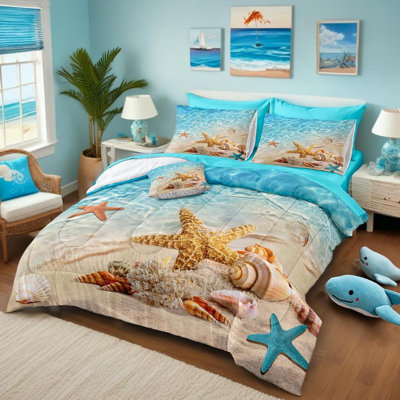 Beach Comforter Sets Twin Size 6 Pieces Beachy Bedding Set Turquoise Comforter Set with Sheets Beach Themed Bedding Soft Bed in a Bag Twin for All Season 1 Comforter 2 Pillowcases 1 Cushion Cover 1 Flat Sheet 1 Fitted Sheet﻿