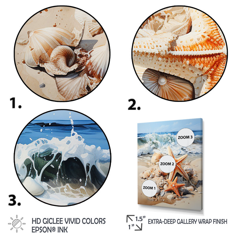 Étoile de mer sur la plage I - art mural bord de mer tropical, Cadre flottant doré, H 40 po x l 30 po x P 1,5 po