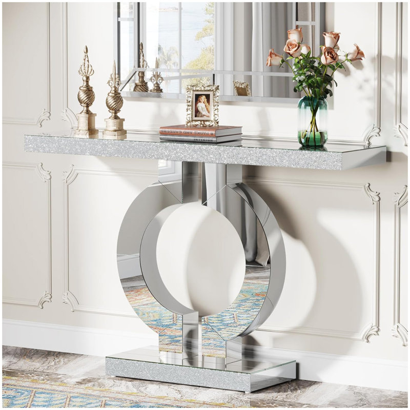 Console à miroir moderne de 43 po avec base en forme de O, table d'entrée en verre argenté pour le salon, le couloir ou le vestibule - Table d'appoint contemporaine avec placage de diamant en acrylique