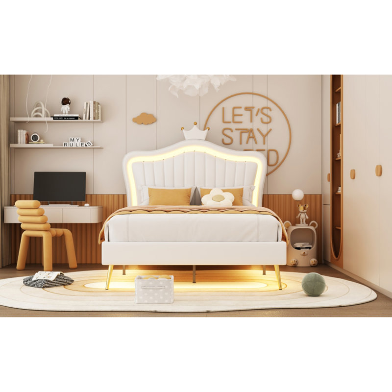 Lit plateforme en velours avec tête de lit capitonnée et lumières DEL Mikhale, Grand, Beige