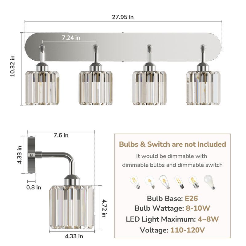 Éclairage de meuble-lavabo à intensité variable avec abat-jour en cristal, Chrome poli, Quatre lumières