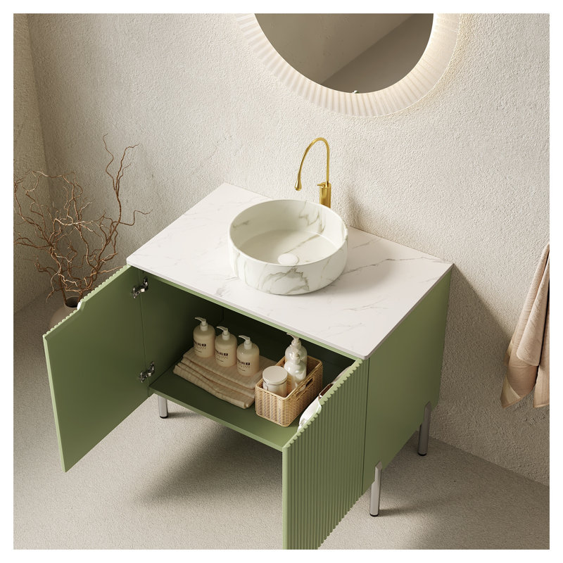 Meuble-lavabo autoportant TURIO 30 po avec lavabo rond intégré en céramique, armoire vert clair et blanche avec portes à fermeture douce et comptoir à motif pierre (robinet non inclus)