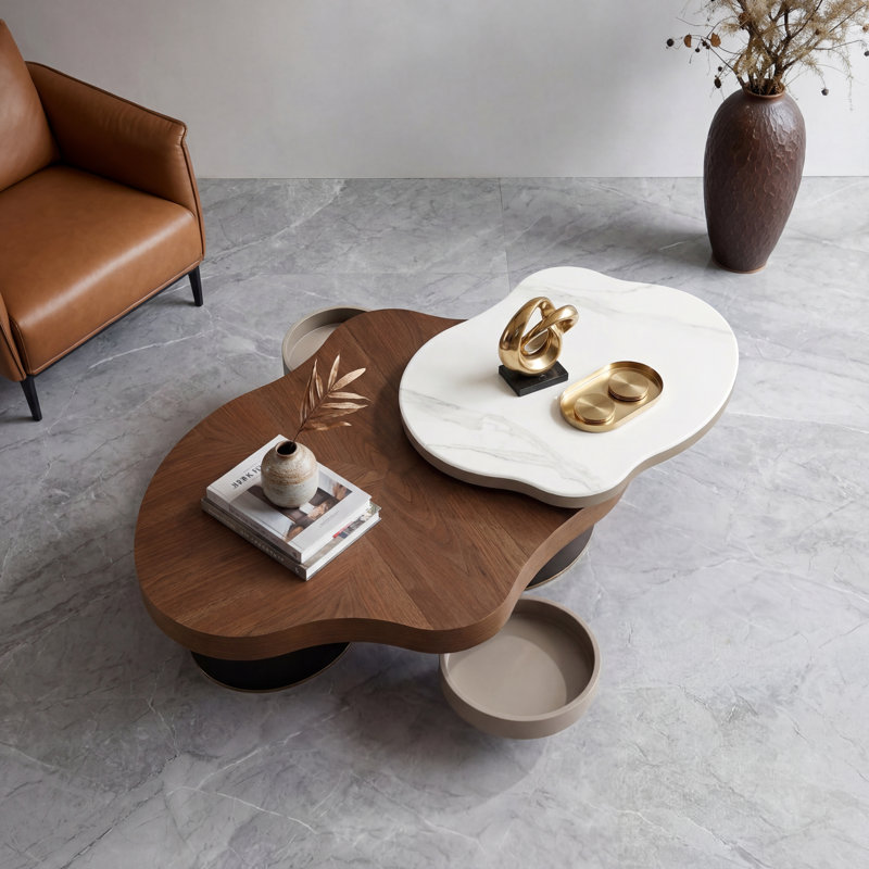 47.2" Crafted with ingenuity Coffee Table – Irregular Stone Slab With Fluid Wood Grain-Waterproof Surface and Heatproof Living Room Table,Cloud Coffee Table,