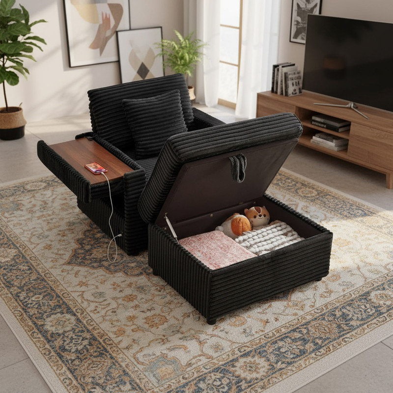 Méridienne de lecture avec ports de chargement USB, porte-gobelets, repose-pieds de rangement et tableau, Noir