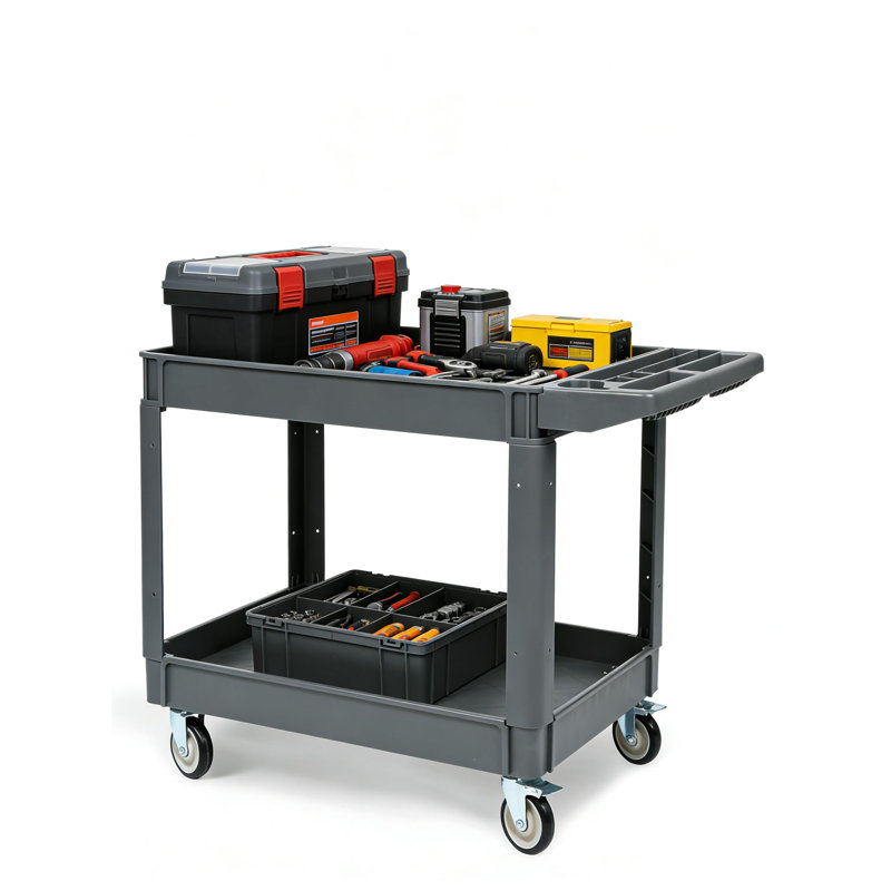 Chariot utilitaire robuste en métal à 2 niveaux, 117 cm (46 po), roues verrouillables et poignée ergonomique, capacité de charge de 250 kg (550 lb), gris.