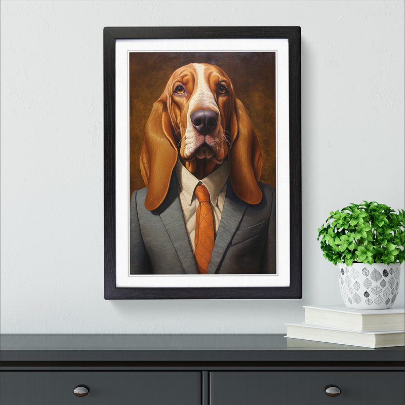 Basset Hound in a Suit Painting - Framed Print, Black Framed, 34cm H x 25cm W