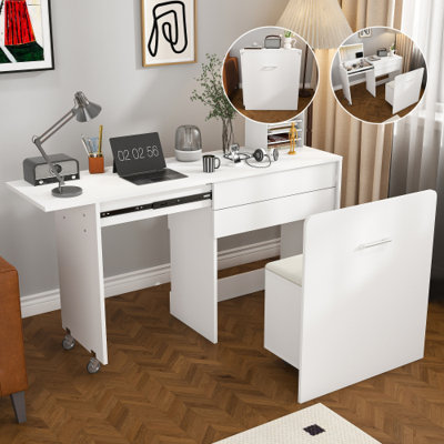 Bureau extensible multifonctionnel pliable de 119 cm (47 po), table de maquillage avec miroir, 3 modes d'utilisation avec tabouret de rangement, meuble gain de place pour chambre ou appartement, blanc