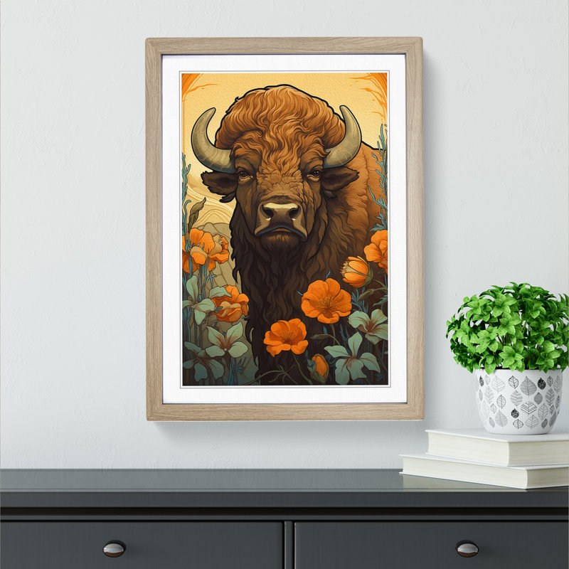 Bison Nouveau No.2 - Single Picture Frame Print on Wood, 46cm H x 34cm W x 2cm D, Oak Framed