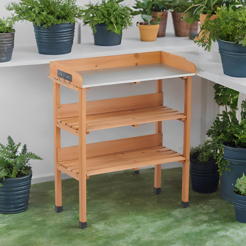 Table de rempotage en bois massif à trois couches 30X14.535.5 avec plateau en métal, banc de travail extérieur pour le garage et le bricolage, crochets intégrés, pieds réglables, fonctionnalité, 30,5L, 14,6W, 35,5H