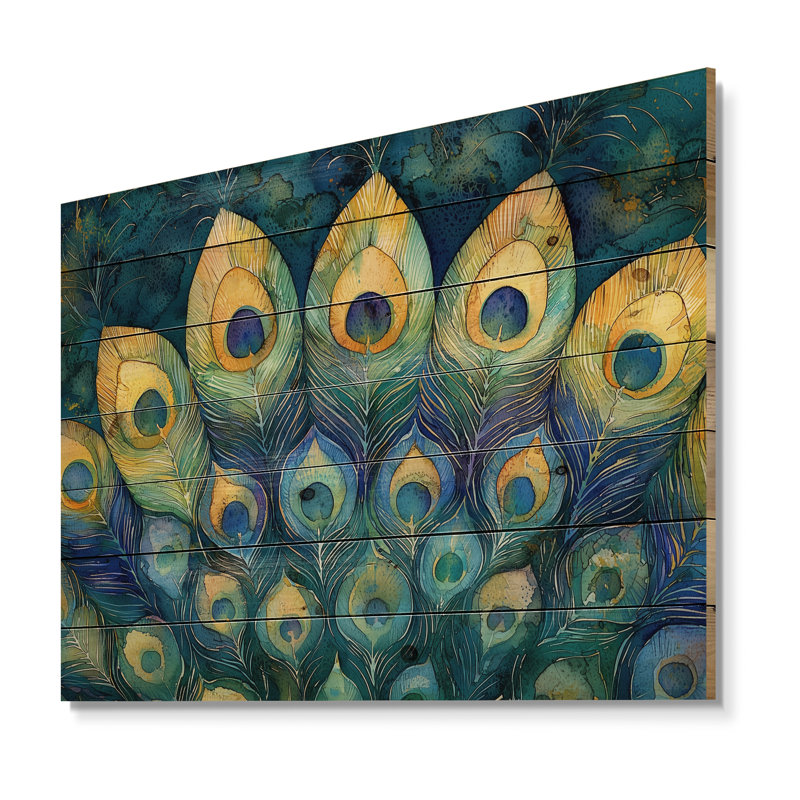 Plume de paon émeraude mosaïque II - paon, art mural animal en bois - sur bois de pin naturel, H 24 po x l 32 po x P 0,78 po