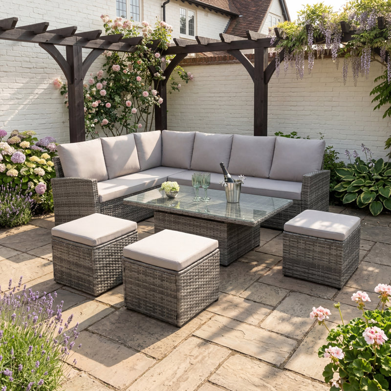 Pelias - Rattan Corner Sofa Set With Rising Table - 8 Seats, Grey, Grey