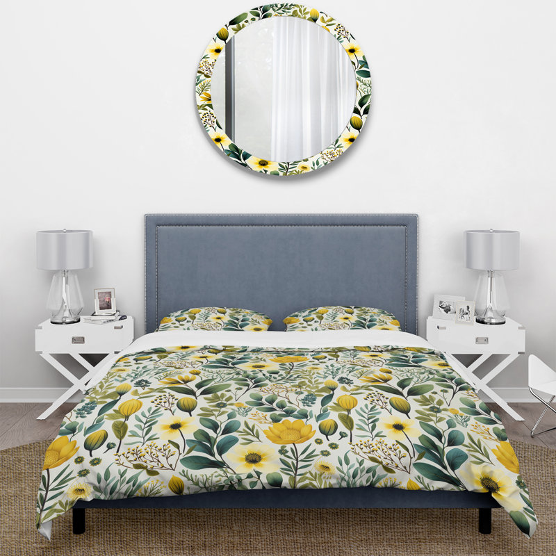 Ensemble de housse de couette Botanical Ferns In Green and Yellow, Housse de couette pour très grand lit et 2 très