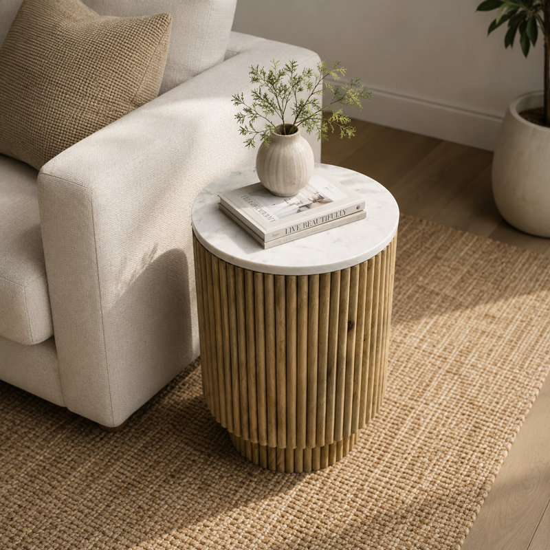 Odera Ribbed Pedestal End Table with Marble Top Accent – Small Round Side Table for Living Room & Home Decor - 20, Natural