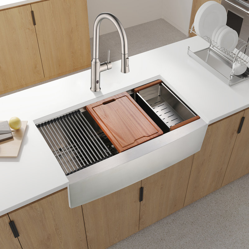 33X22x10" Stainless Steel Workstation Kitchen Sink - Apron T304 Stability 3Mm Sound Absorbing Pad X Groove Draining Functionality Single Bowl Durability Noise Reducing Drainage Solution