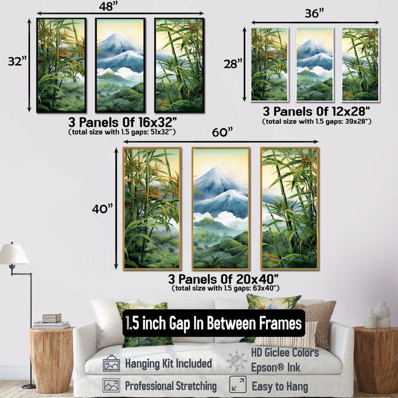 Bambou, charme sur un volcan japonais - ensemble d'art mural en bambou, Cadre flottant blanc, H 40 po x l 60 po x P 1 po