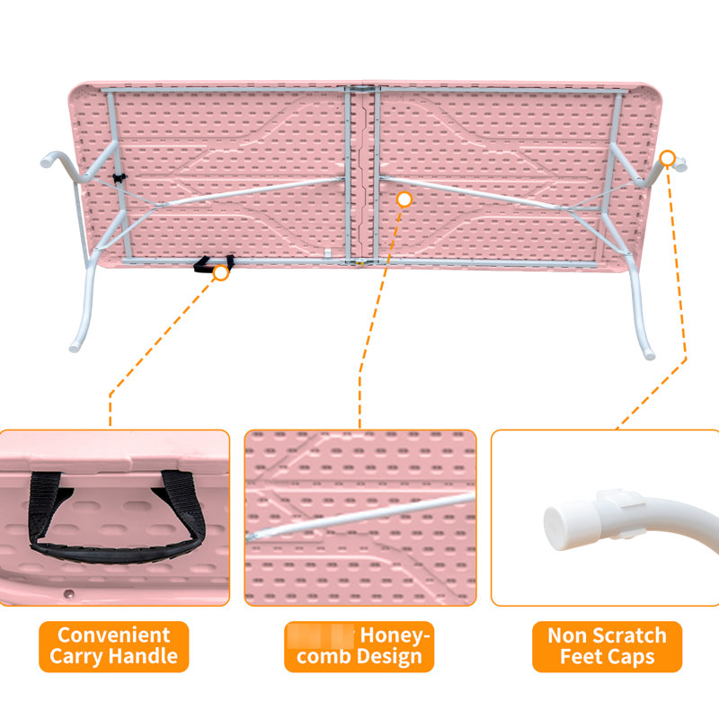 Table pliante rose 8 pi pour le camping - Portable, à portance élevée, imperméable, stable, pique-nique, camping, fêtes, imperméable
