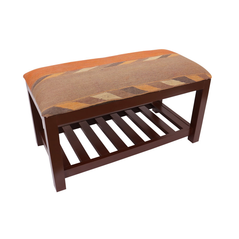 Banc de rangement rembourré avec tablettes, H 21 po x l 36 po x P 18 po, Rouille / mauve / beige géométrique