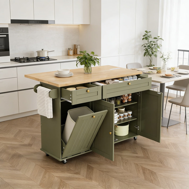 Large Rolling Kitchen Island With Extendable Table, Power Outlets & USB Ports, Mobile Kitchen Cart With Storage Cabinet, Drawers, Spice Rack, Towel And Knife Holder