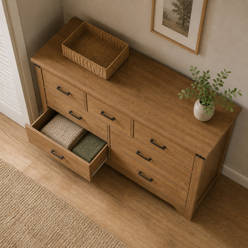 Commode double à 7 tiroirs Farmhouse avec grain de bois naturel pour le rangement dans la chambre à coucher