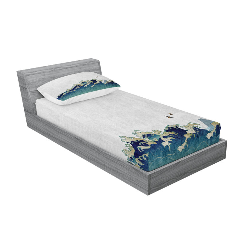 Ambesonne Japanese Wave Fitted Sheet & Pillow Sham Grey Blue Cream, Twin Sheet Set + 3 Additional Pieces