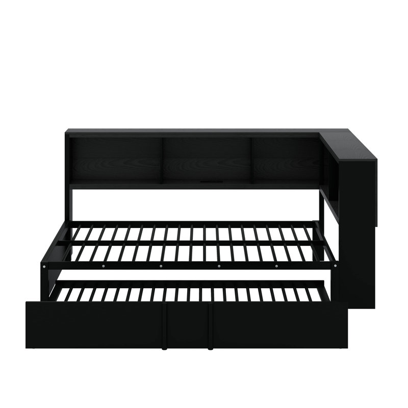 Lit de jour double en métal avec lit gigogne, armoires de rangement et ports USB, Noir