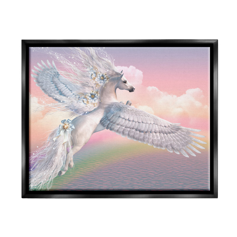 Licorne au-dessus de l'arc-en-ciel, H 25 po x l 31 po x P 1,7 po, Cadre flottant noir de jais