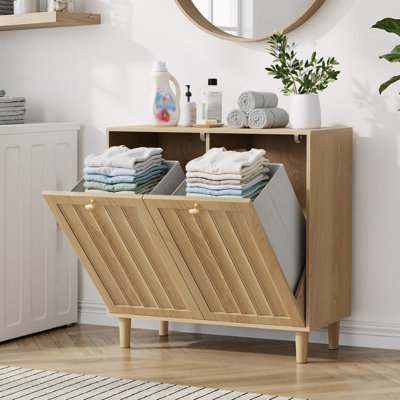Panier à linge caché avec design minimaliste moderne, bois massif, finition chêne
