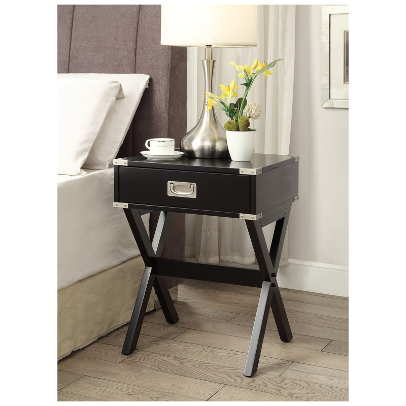 Table d'appoint noire avec tiroir - Table d'appoint carrée moderne avec base en forme de X, finition en bois synthétique pour le salon