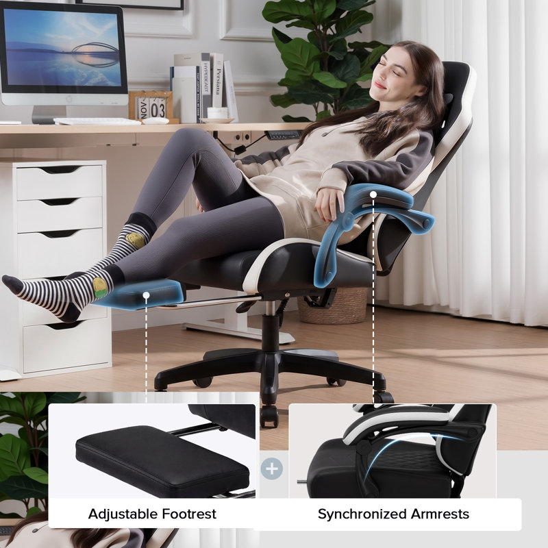 LUCKRACER GAMING CHAIR Adjustable Reclining Ergonomic Swiveling PC & Racing Game Chair with Footrest, Black-Faux Leather