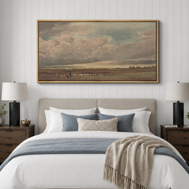 «Rustic Countryside Serene Brown Countryside Field Clouds In The Sky», impression sur toile encadrée classique, Naturel