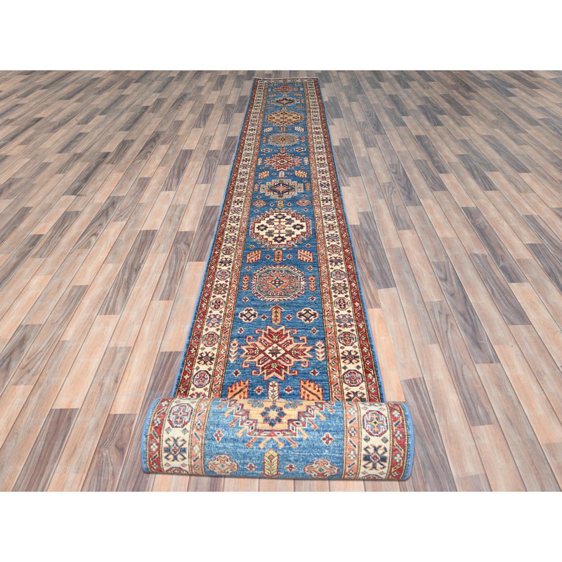 Tapis de couloir bleu en laine super Kazak noué à la main 2 pi 6 po x 33 pi 5 po C2C5254D406B41E3A51F6CB2AA669EC2