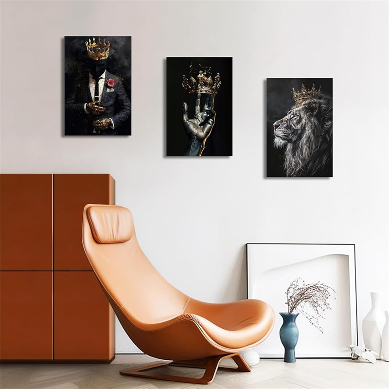 African American Wall Art 3 Pieces Black King Gold Crown Lion Spirit Canvas Print Poster Framed/Unframed Painting Set for Living Room Bedroom Home Office Decor Multiple Sizes