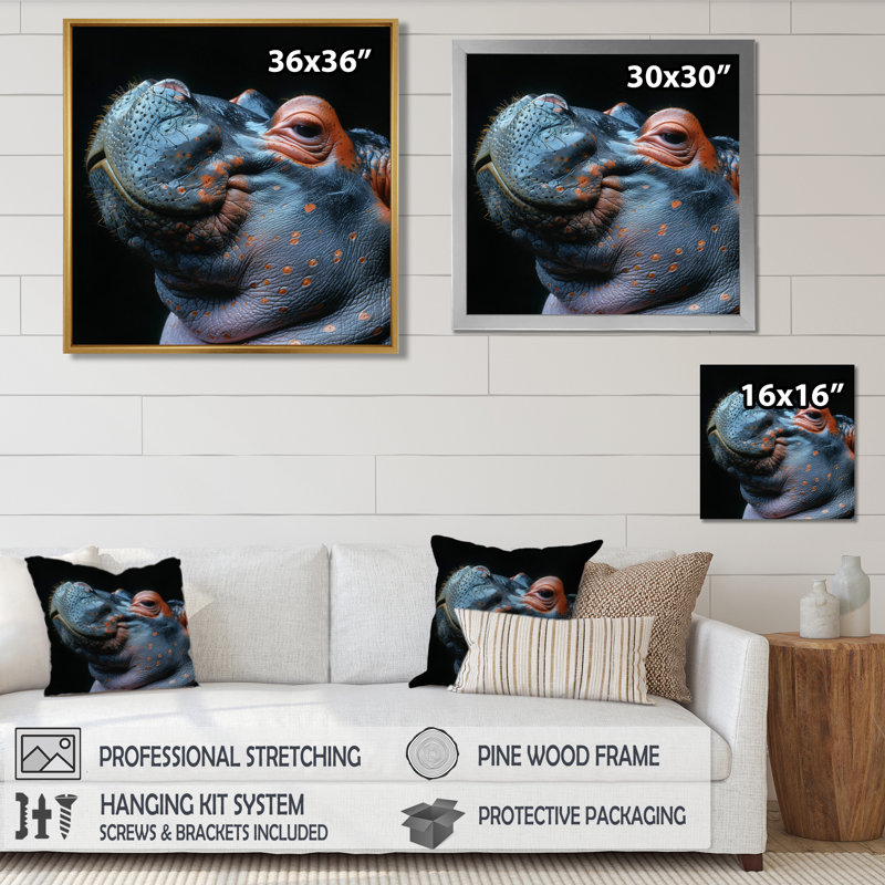 Hippopotame sur fond noir I - reproduction d'art hippopotame animal, H 30 po x l 30 po x P 1 po, Toile tendue