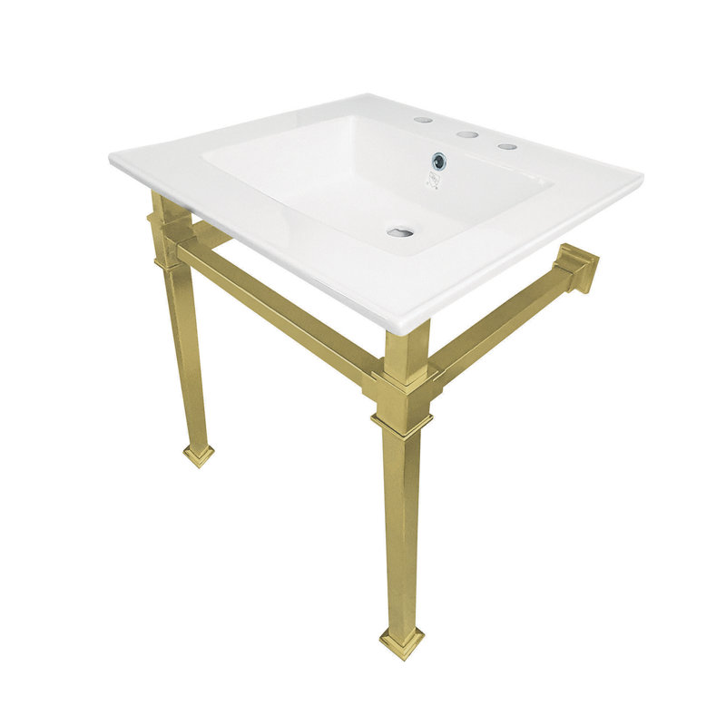 Lavabo de salle de bain console rectangulaire en céramique avec trop-plein Monarch, Blanc / laiton brossé