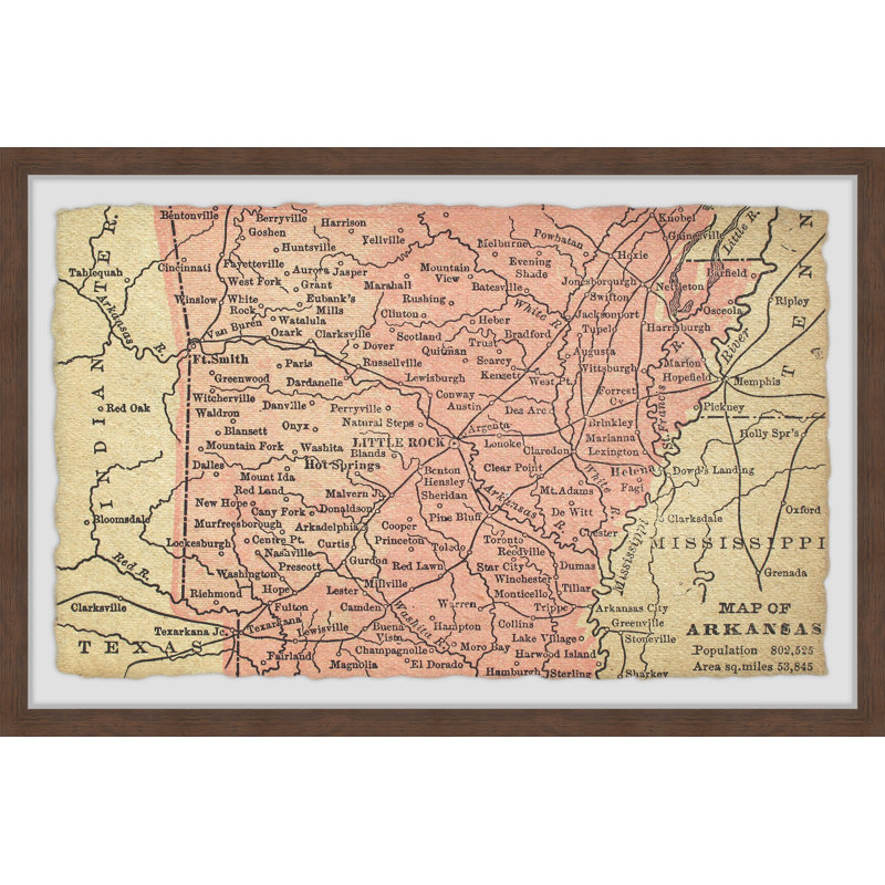 Carte de l'Arkansas - reproduction encadrée sur papier, H 12 po x l 18 po x P 1,5 po