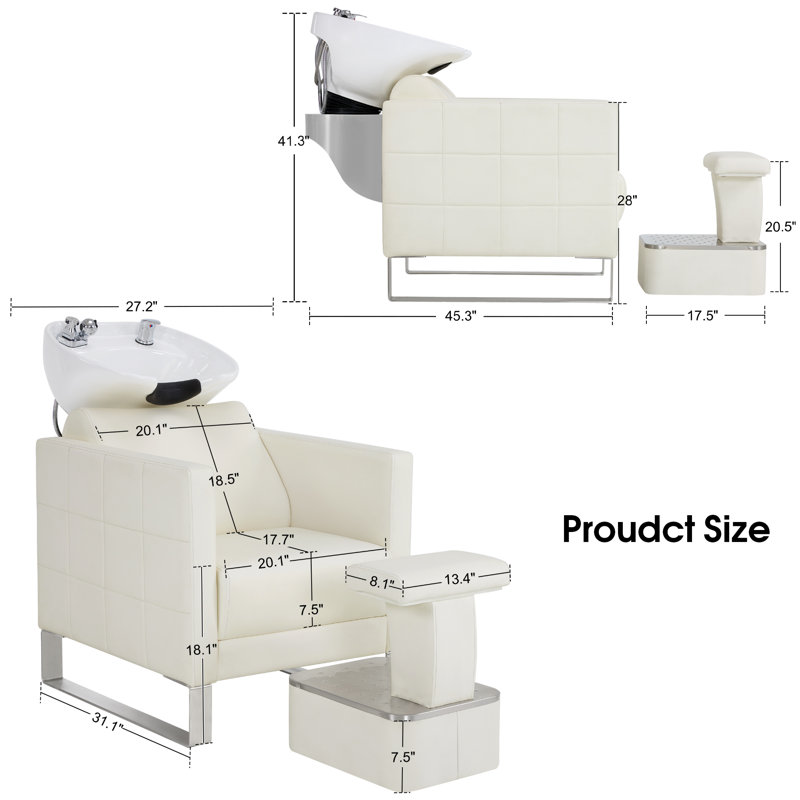 Backwash Shampoo Ceramic Bowl and Chair Set for Salon and Hair Stylist, Adjustable Shampoo Station, Cream Faux Leather