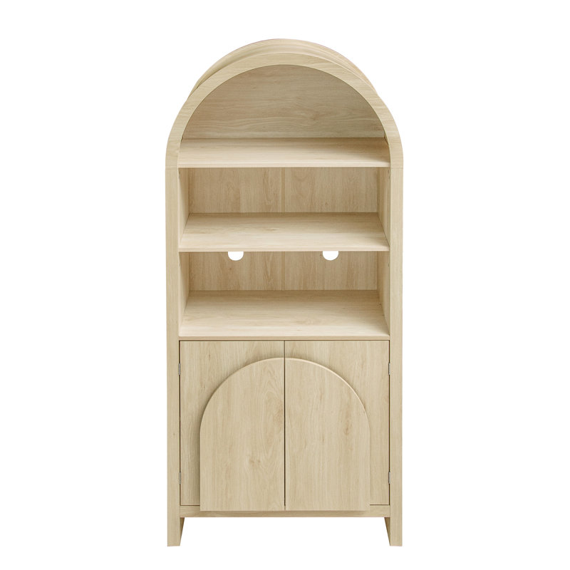 Vitrine arquée moderne, tablettes réglables, éléments, bois naturel, poignée en forme de ventilateur, ancrage mural, gestion des câbles, unité de protection du sol, cuisine, salle à manger, salon, tablettes, finition en bois,