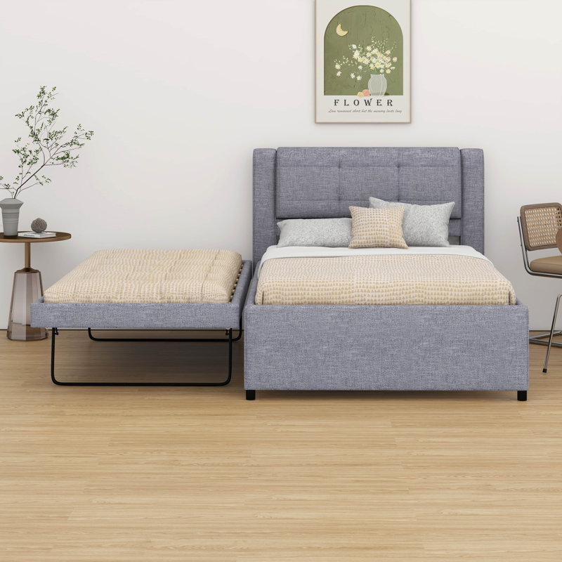 Full Size Upholstered Platform Bed With Linen Headboard – Trundle (Flat/Erected), No Box Spring Required, Grey