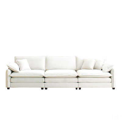 Mid-Century Modern 3-Seater Sectional Sofa With 2 Arm Pillows And 3 Throw Pillows, Beige Corduroy Fabric