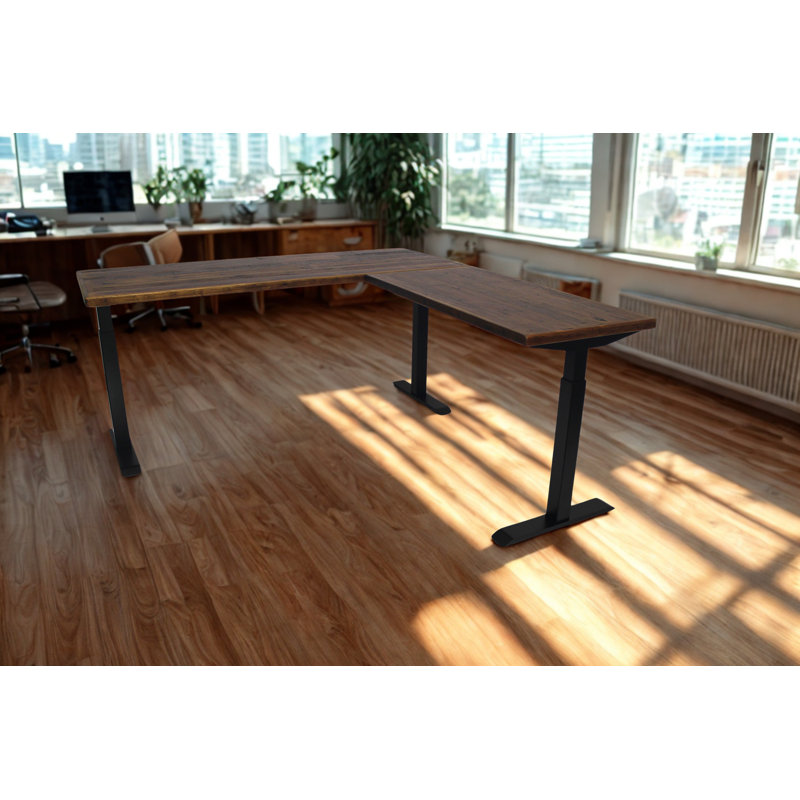 Skyline Electric Height Adjustable 72x30x48x24 L-Shape Standing Desk for Office and Home, Real Reclaimed Wood Top with Black Frame