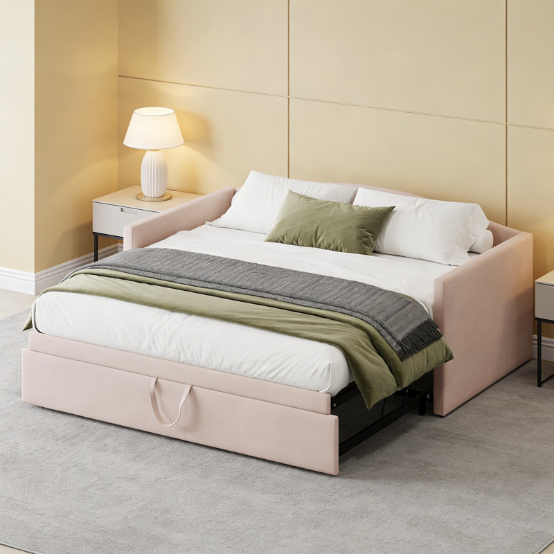 Space-Saving Twin Size Upholstered Daybed with Extended Pop-Up Trundle, Twin-to-King Convertible Sofa Bed for Guest Room