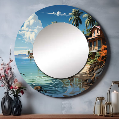 Beach Tropical Vibes - miroir décoratif de plage, miroir mural rond côtier, impression d'art en métal
