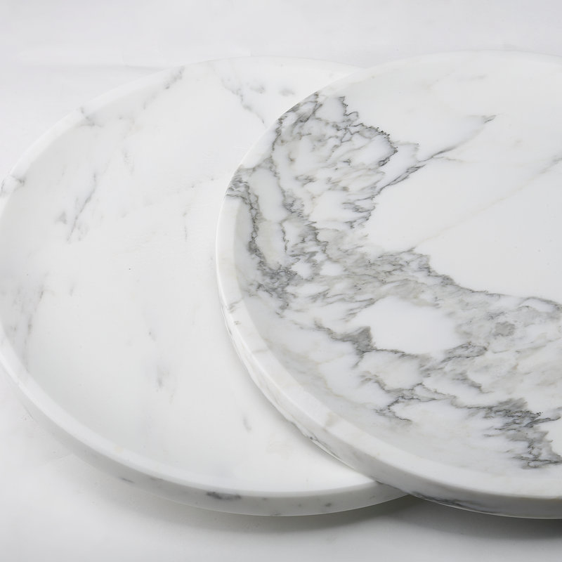 Guein 12” Round Natural Marble Tray, Statuario