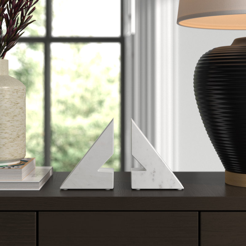 Set of 2 Right Triangle Marble Bookends Contemporary Abstract Angled Bookends
