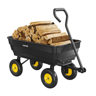 Chariot utilitaire de jardin basculant en polyéthylène robuste - Capacité de 272 kg, basculement rapide, pneus tout-terrain, poignée réglable à 180° - Seau noir + jantes jaunes