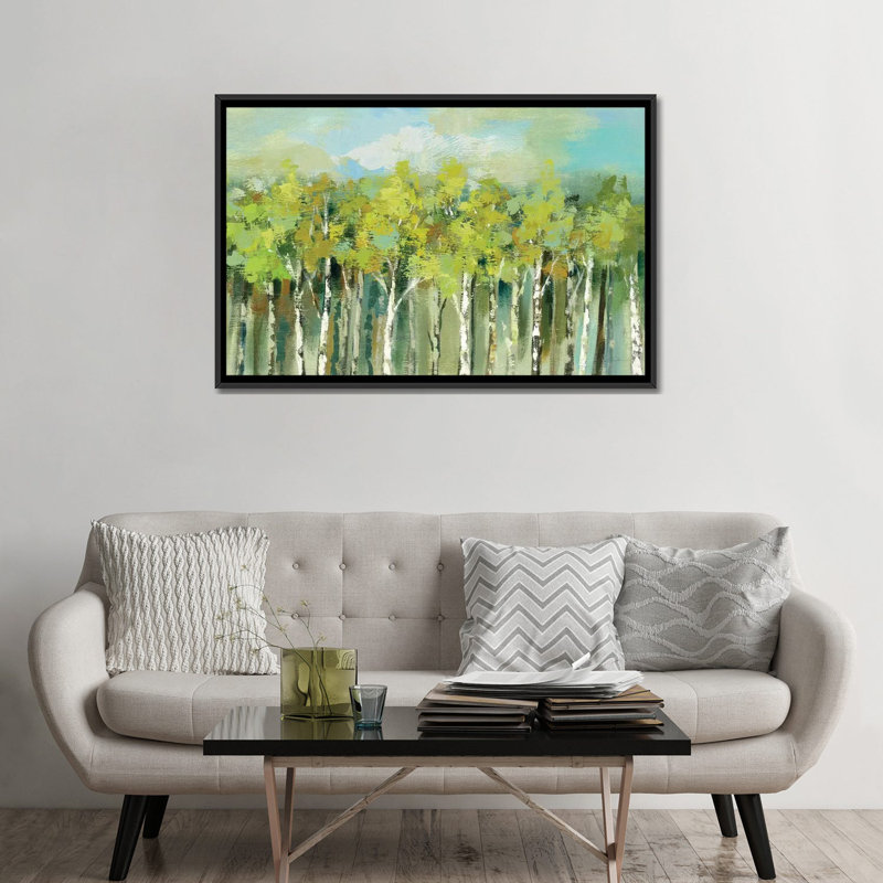 « avril tree tops », reproduction de peinture à l’acrylique sur toile tendue, H 18 po x l 26 po x P 1,5 po, Pas de tapis