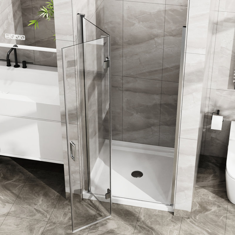 34"X 72" Tempered Glass Shower Door. Pivot Swing Panel. Foldable, Space. Rust & Corrosion Build. Water Leakage Barrier Strips. 180 Pivot, 90 Opening. Hassle- Installation Clear Glass. Zinc Alloy