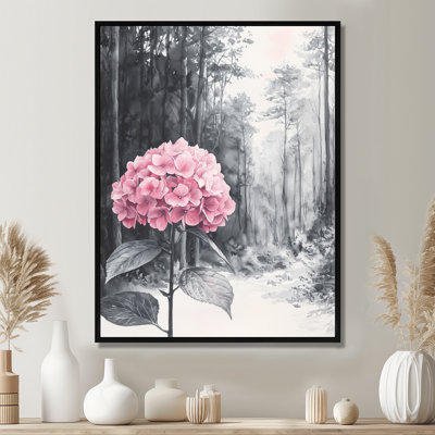 Hortensias dans la forêt monochrome II - art mural d'hortensias pour le salon