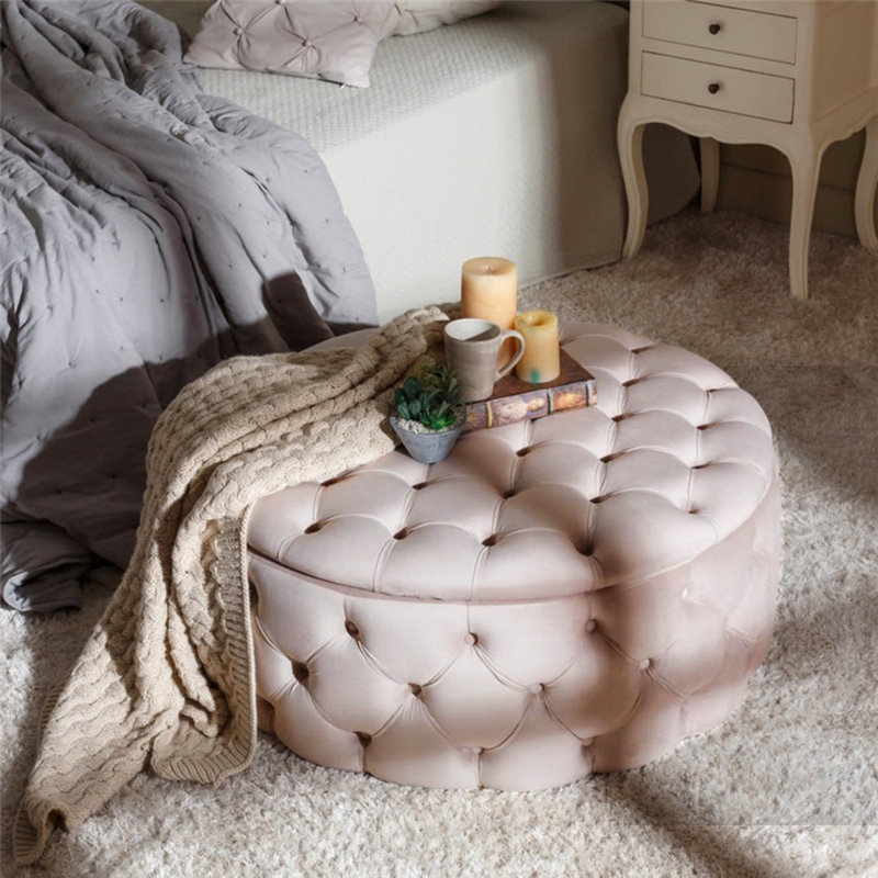 Minimalist Light Pink Round Solid Wood Storage Ottoman